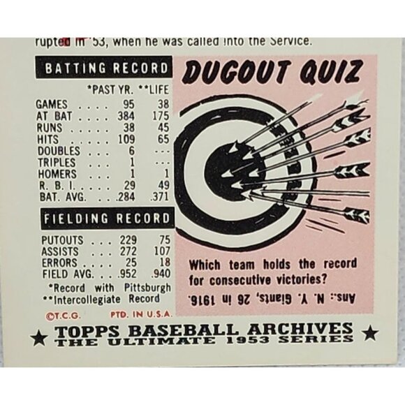 Dick Groat Pittsburgh Pirates Reprint Archives1953 Topps Baseball Card - Vintage - Picture 3 of 5